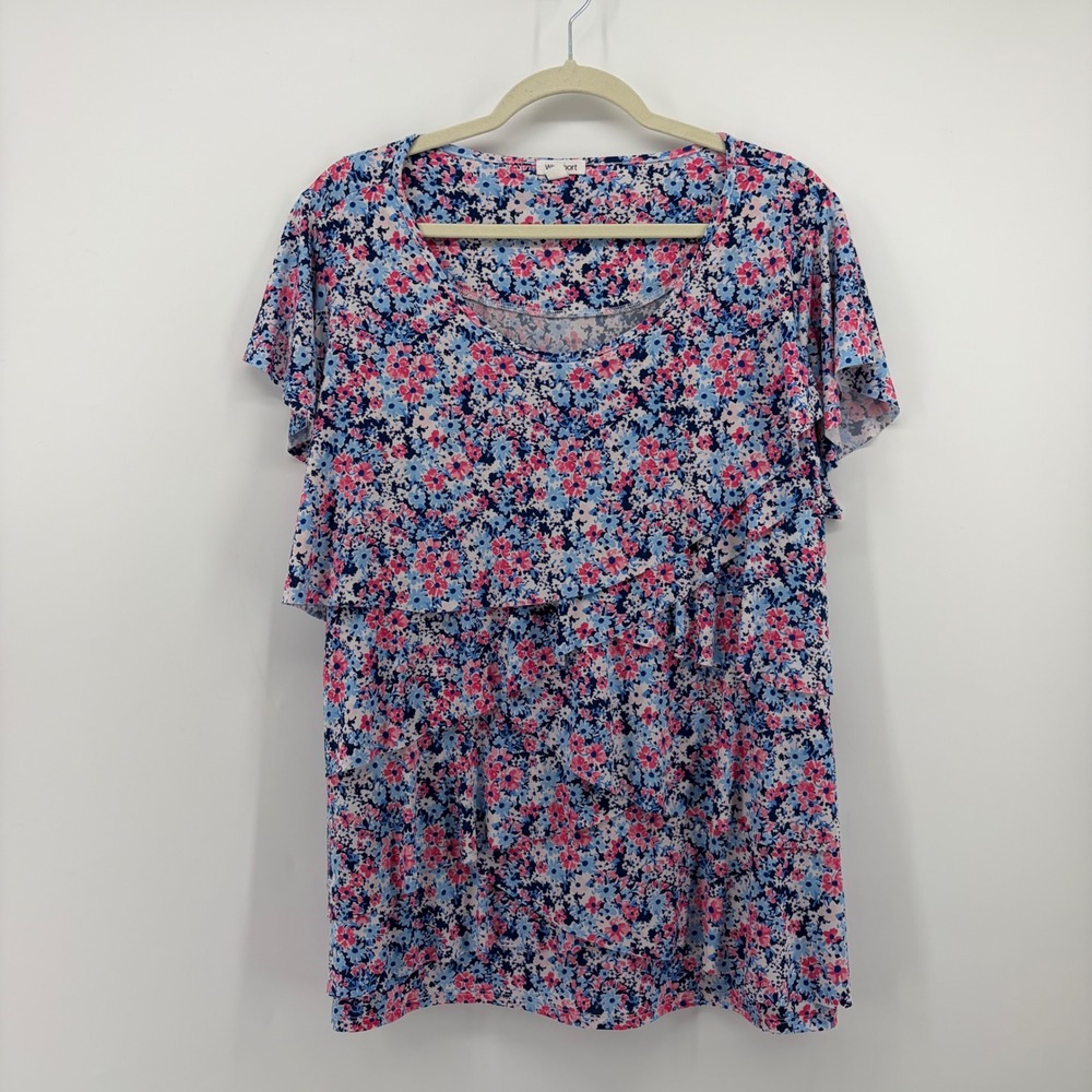 Westport‎ Womens 1X Pink Blue Floral Ruffle Top Short Sleeve Tiered Blouse